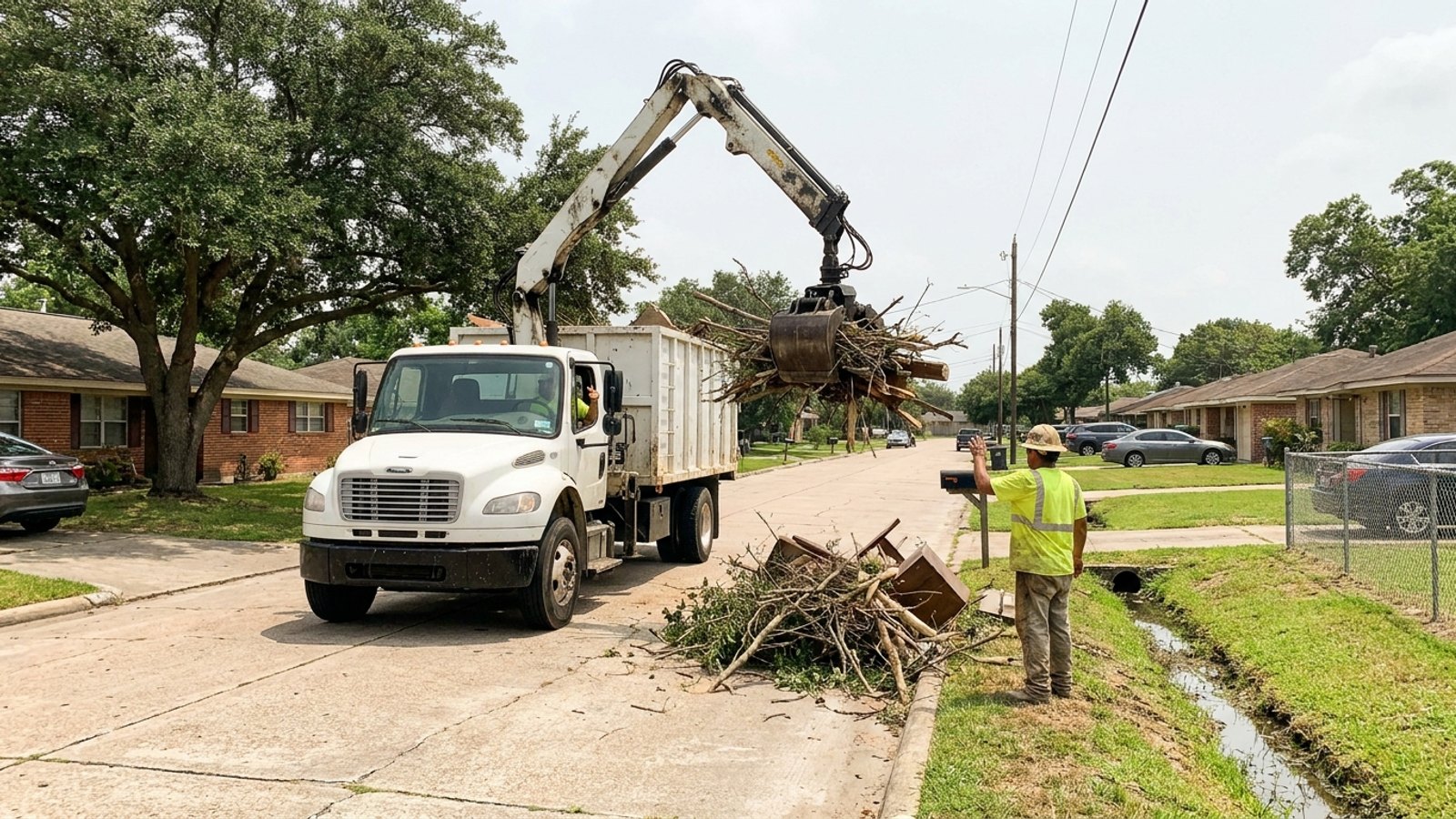 Grapple truck loading brush on a Houston residential street