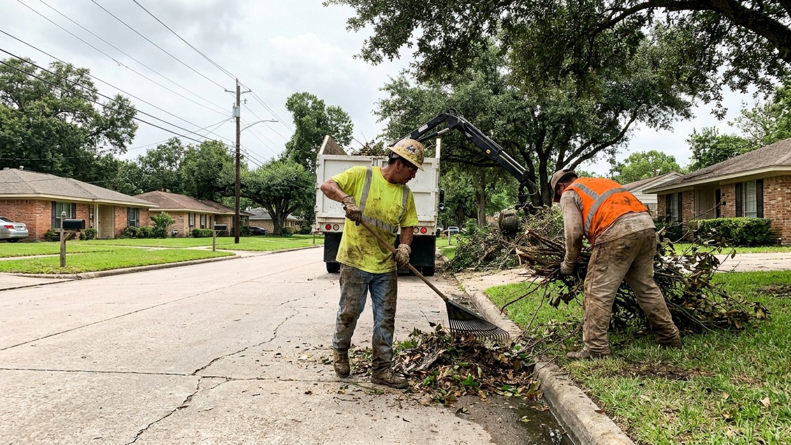 Ground crew raking debris on a Houston residential street